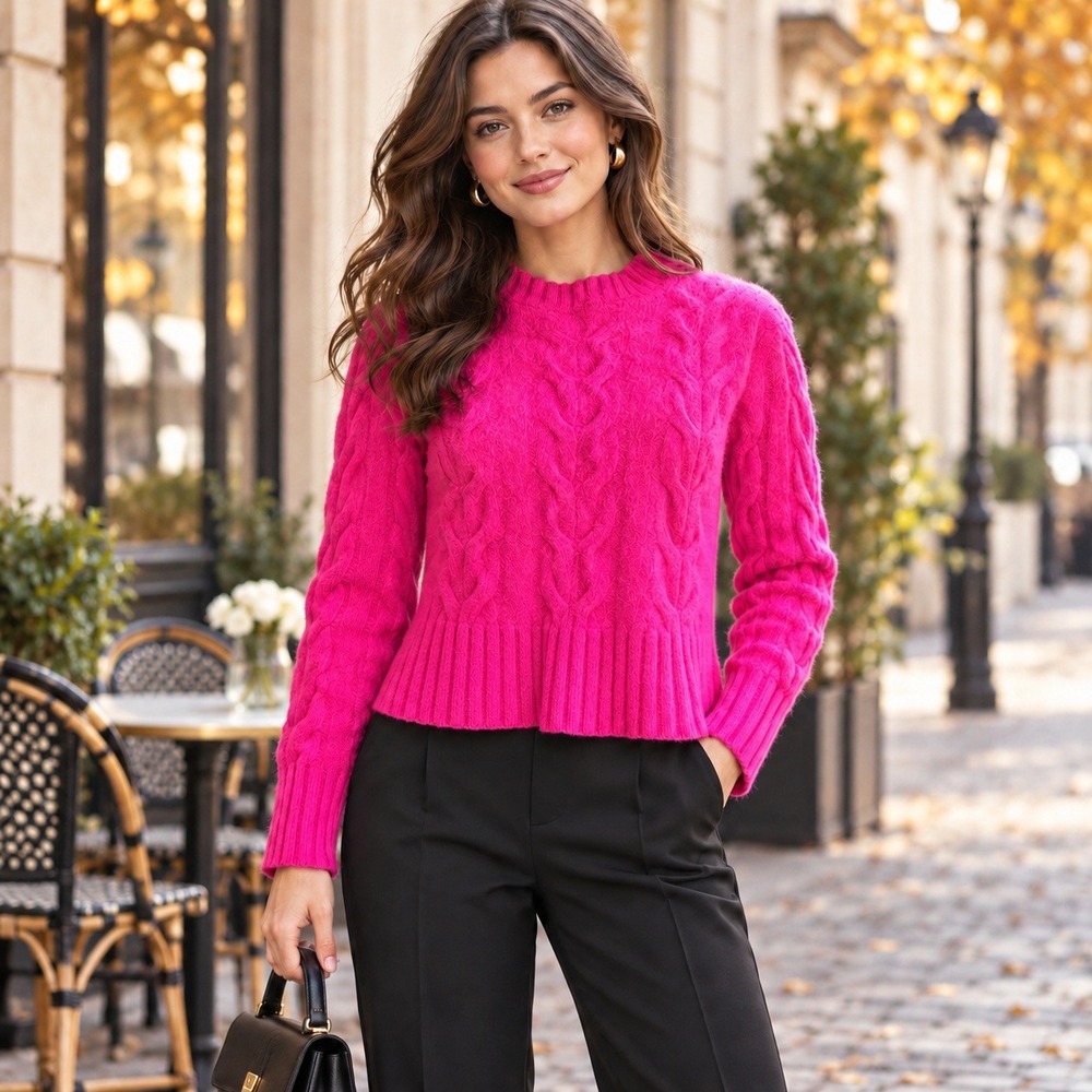 Hot Pink 100% Merino Wool Cable Knit Sweater Med Barbie Feminine Preppy Dopamine